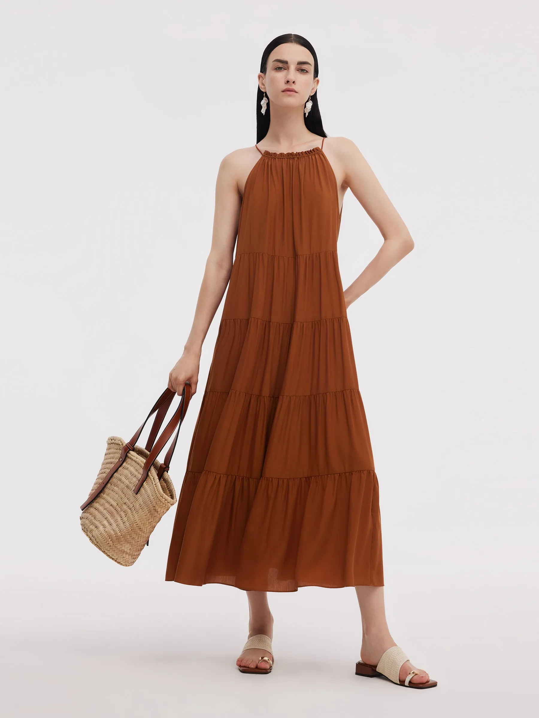 Tencel Acetate Blend Women Halter Maxi Dress Adjustable drawstring NonRestrictiveCut