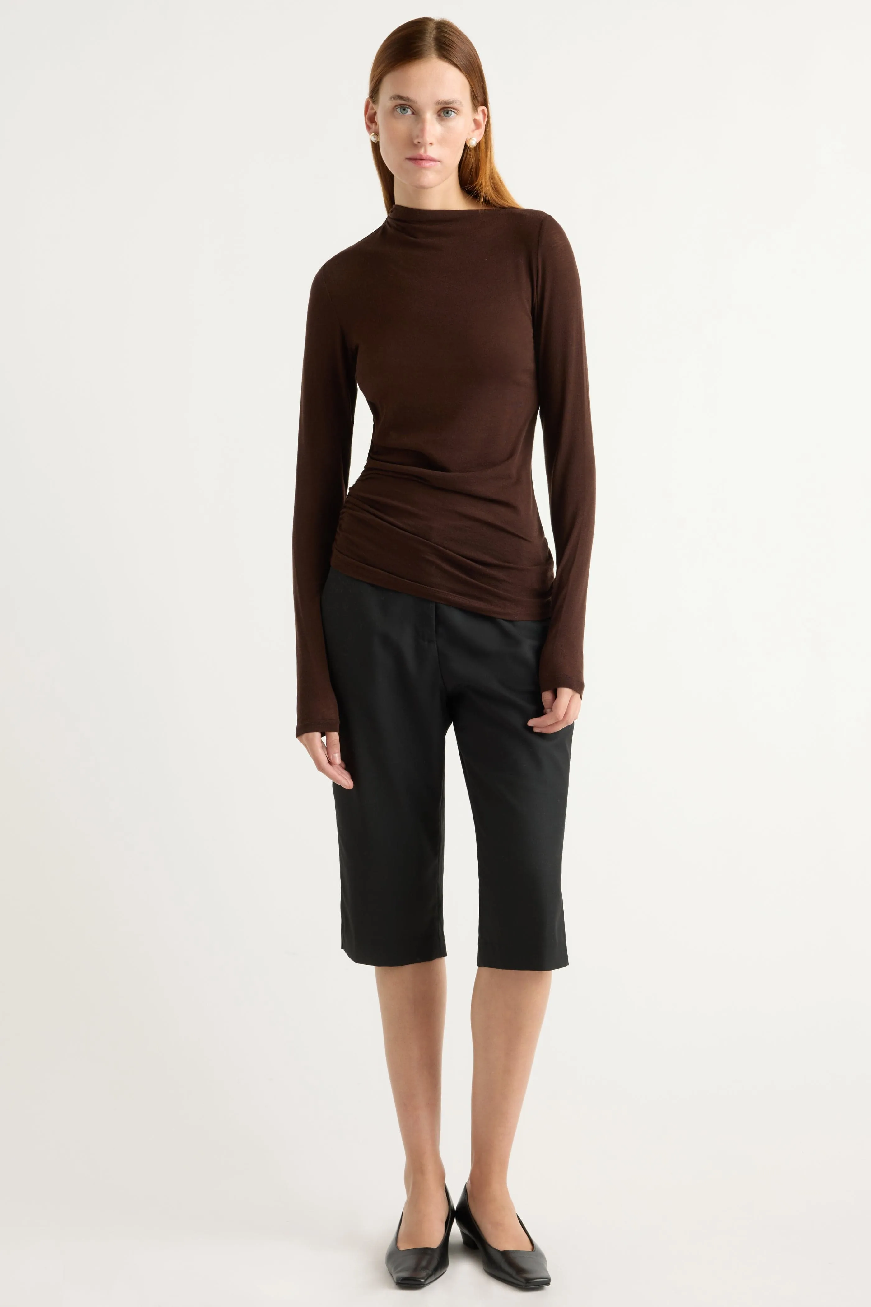 Vittoria Asymmetric-Neck Semi-Sheer Ruched Tee Perfect for Vacation