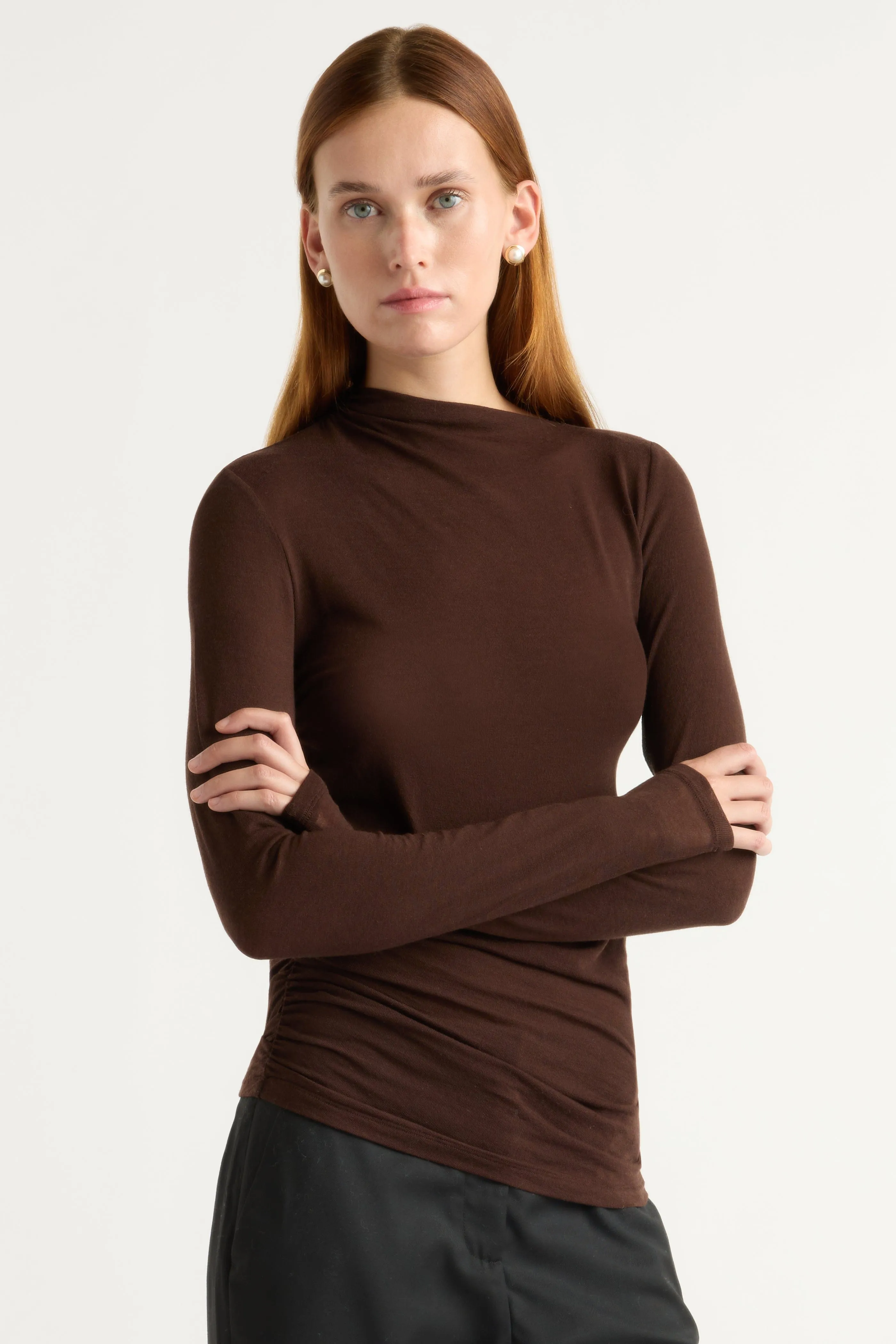 Sporty and Stylish Vittoria Asymmetric-Neck Semi-Sheer Ruched Tee