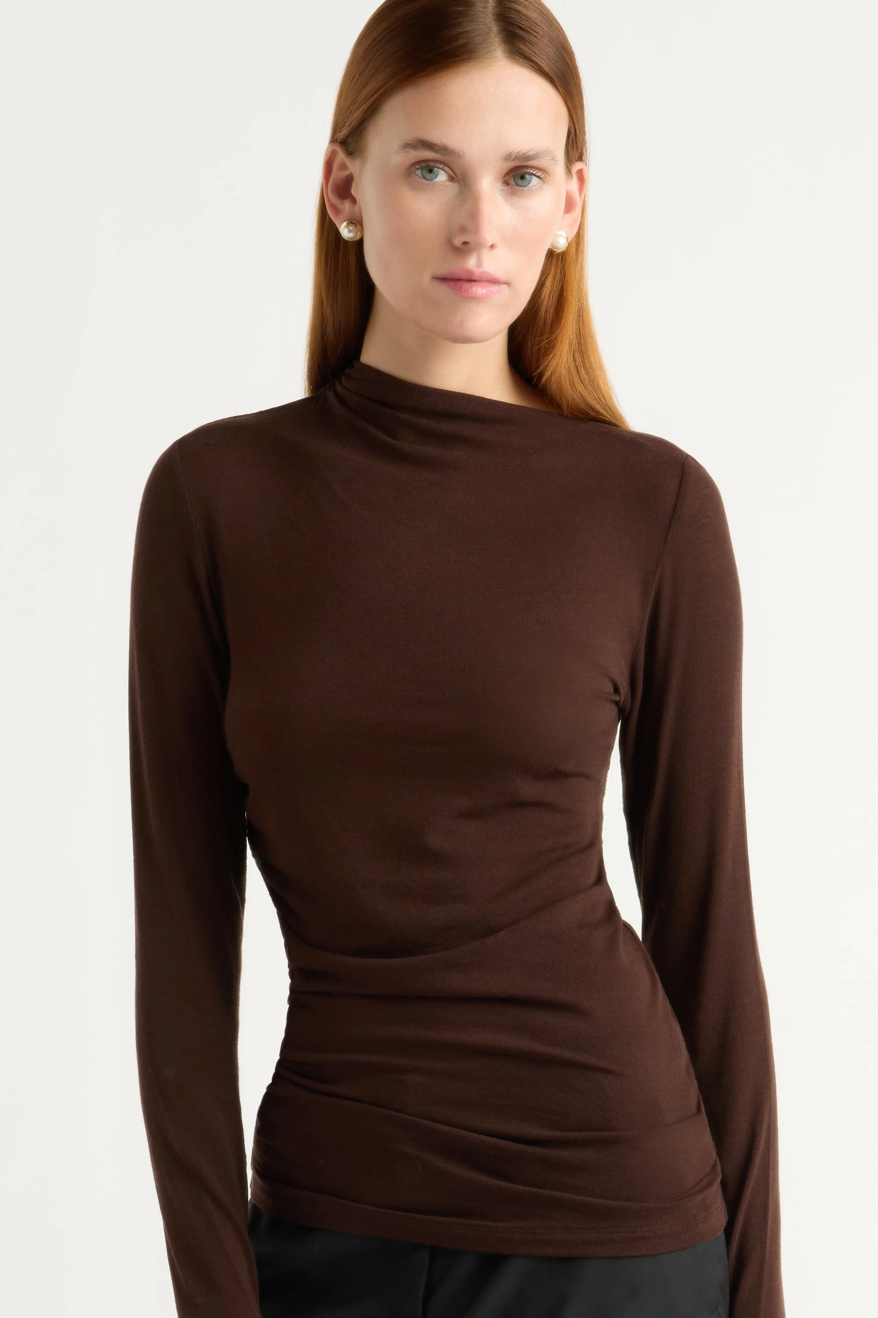 Sporty Fashion Vittoria Asymmetric-Neck Semi-Sheer Ruched Tee