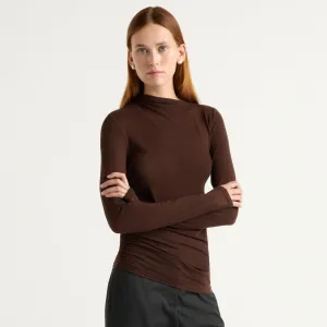 Vittoria Asymmetric-Neck Semi-Sheer Ruched Tee Comfy Design