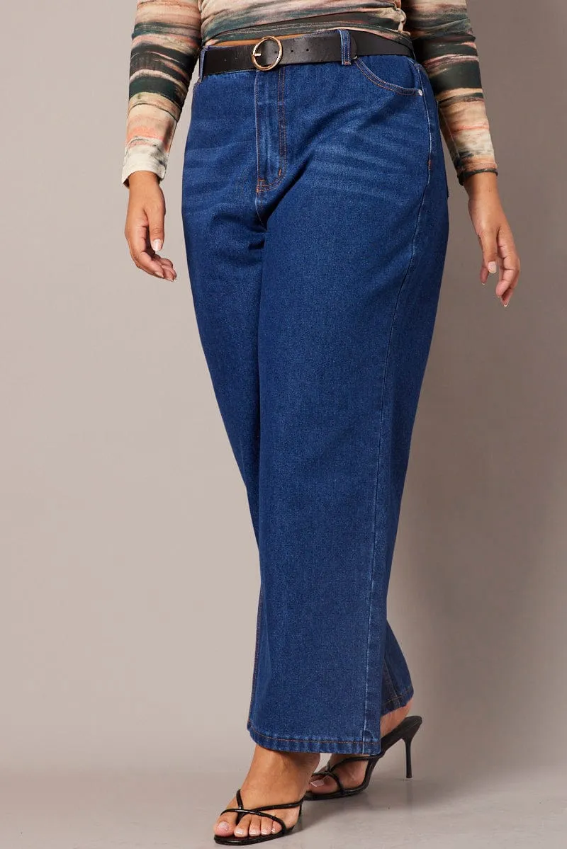 Durable Rivet Hardware Denim Wide Leg Jeans Mid Rise