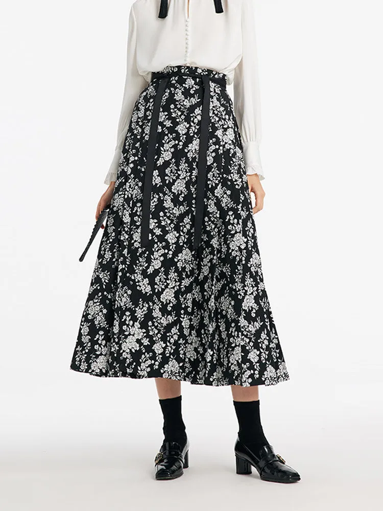 Camellia Jacquard Pleated Women Mamianqun With Bottomed Skirt Easy Comfort Cuffed hem