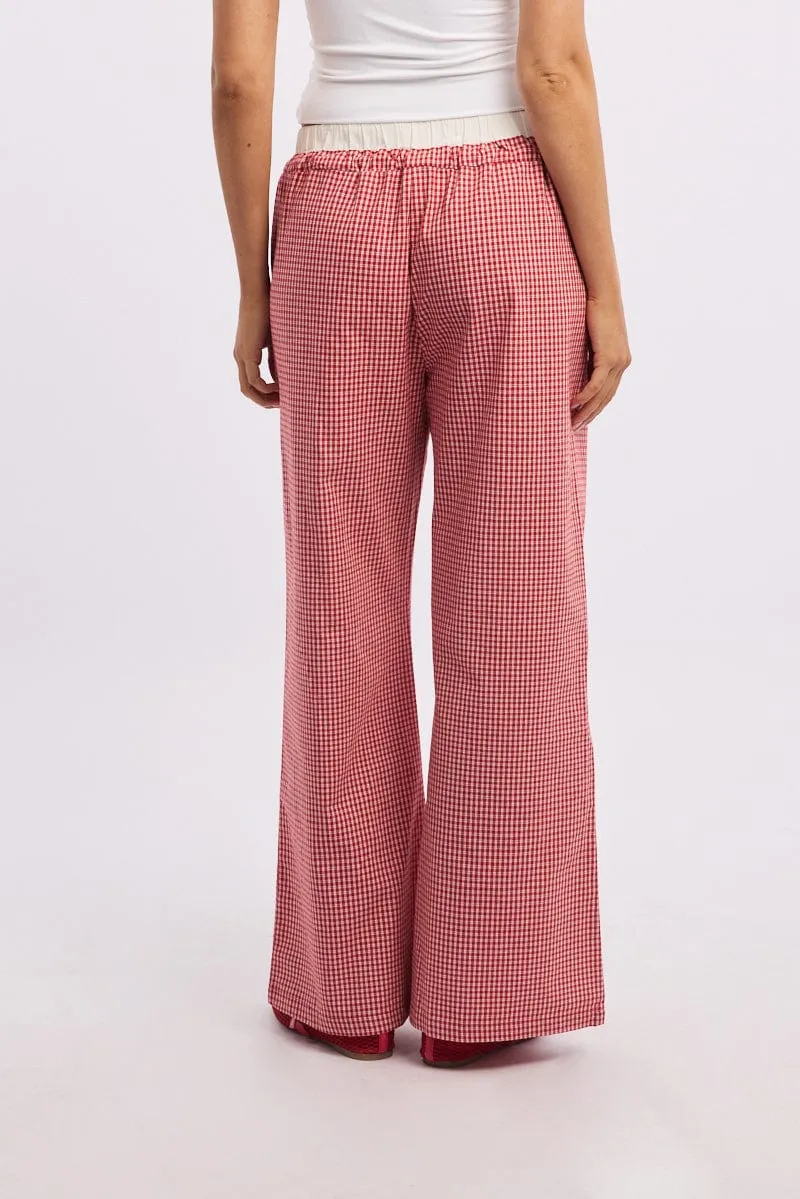 Red Check Wide Leg Pants Contrast Waist EasyCareFabric