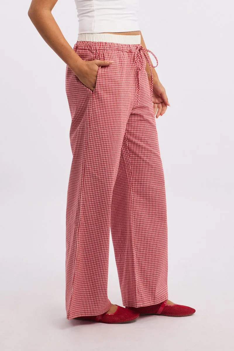 Red Check Wide Leg Pants Contrast Waist High Rise Design