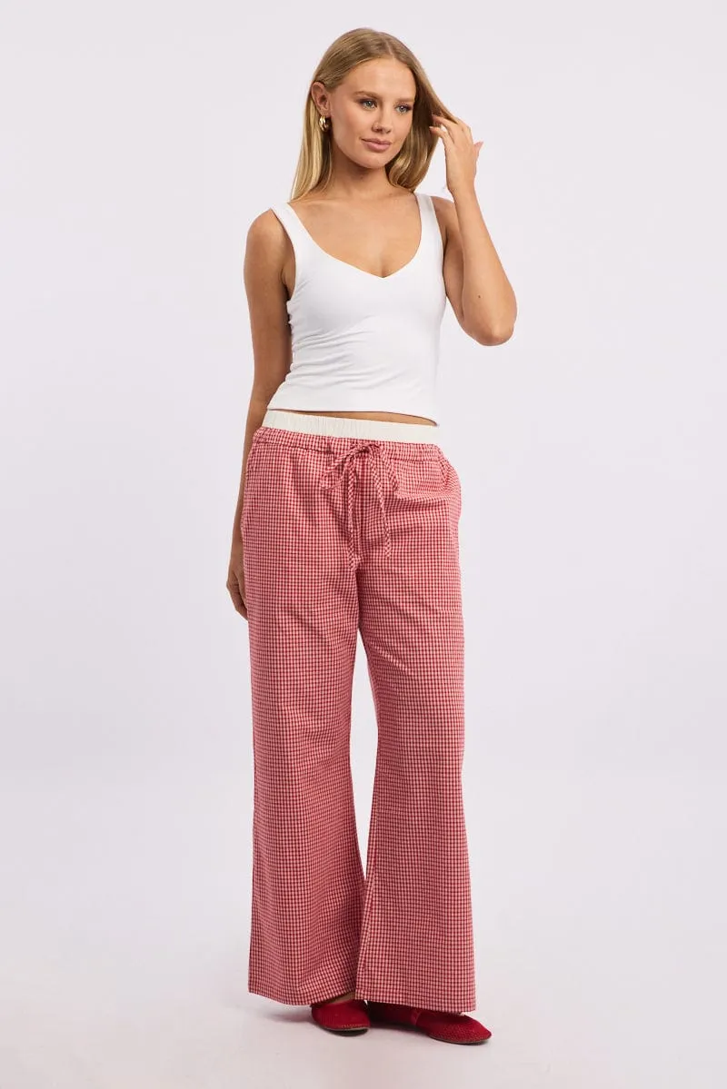 Layering Essential Reinforced Stitching Red Check Wide Leg Pants Contrast Waist