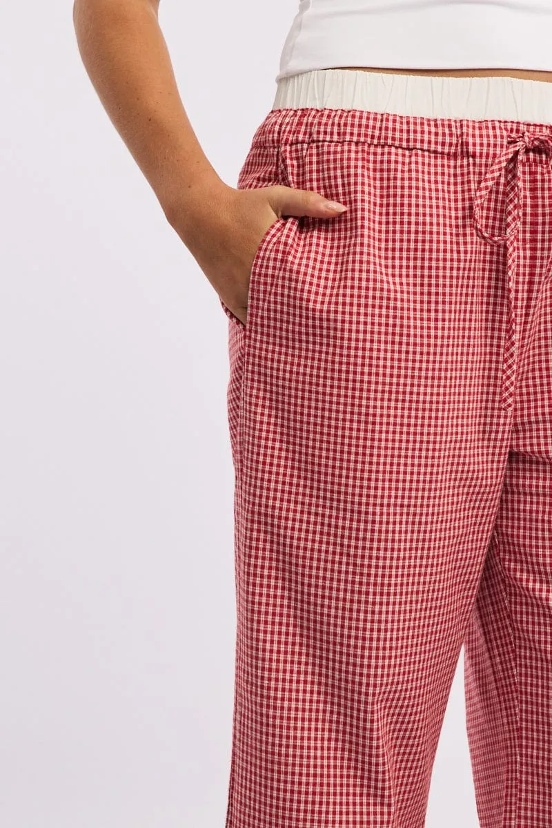 Red Check Wide Leg Pants Contrast Waist Street Comfort Elastic Free Cuffs