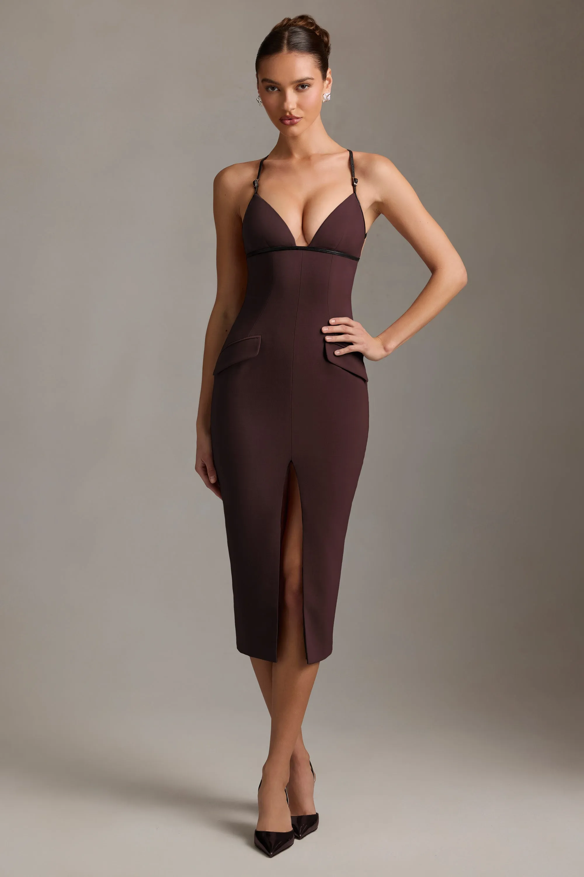 Beach Ease HighDensity Weave Plunge-Neck Backless Midaxi Dress in Chocolate Brown