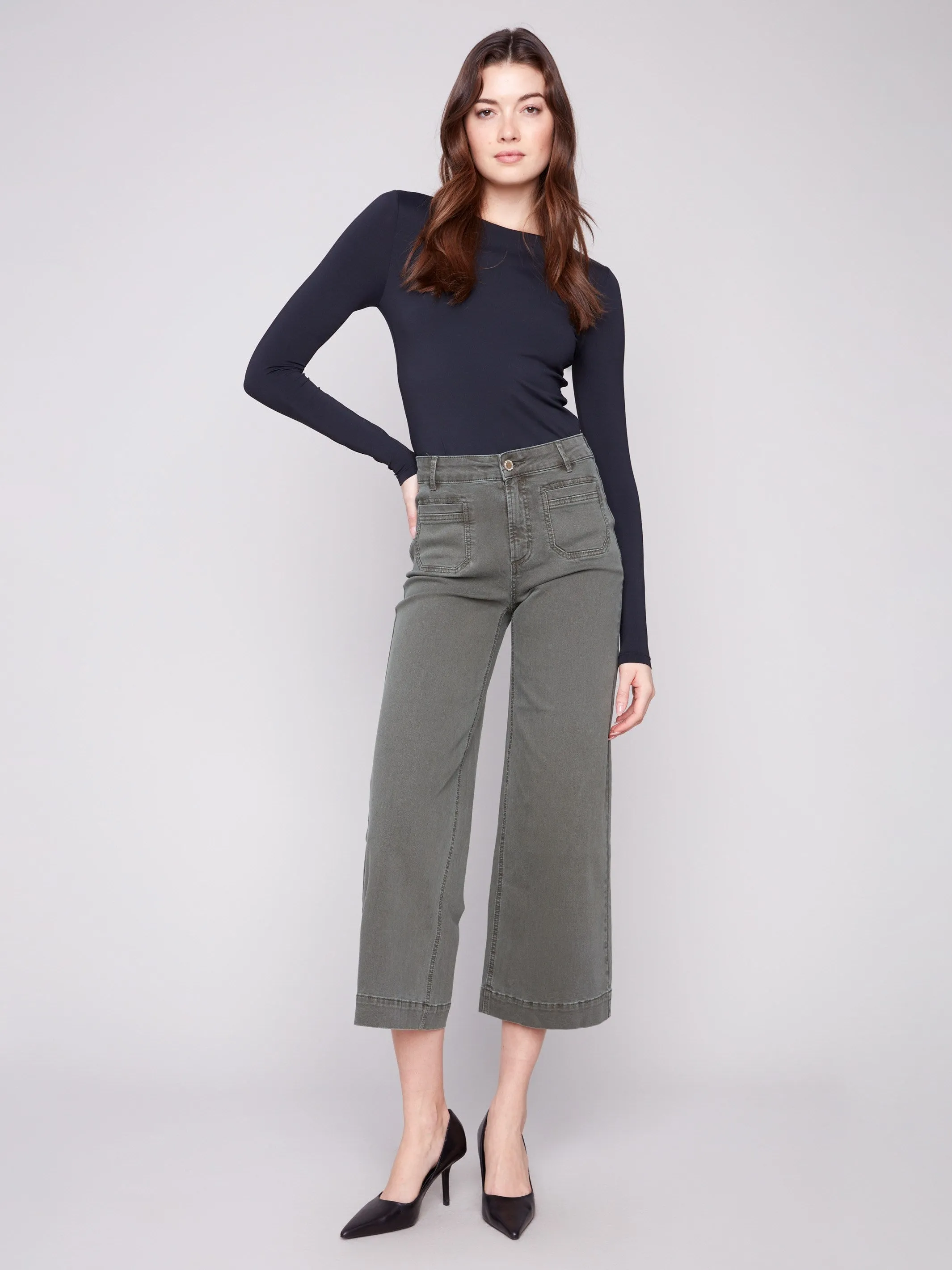 Versatile Weekend Style Essential Wardrobe Patch Pocket Flare Twill Pants - Spruce