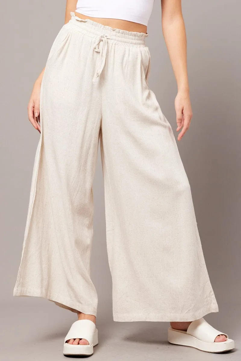 Beige Wide Leg Pants High Rise TaglessDesign
