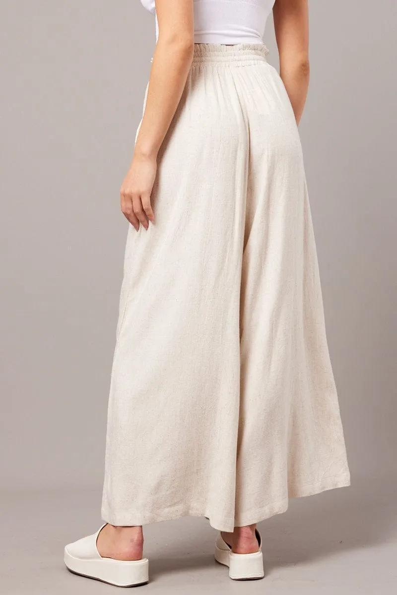 Beige Wide Leg Pants High Rise Urban Fit Stretchable Fabric