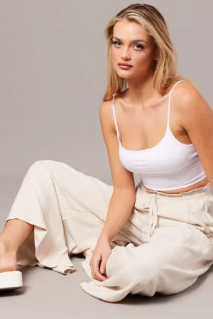 Breathable Mesh Panels Beige Wide Leg Pants High Rise