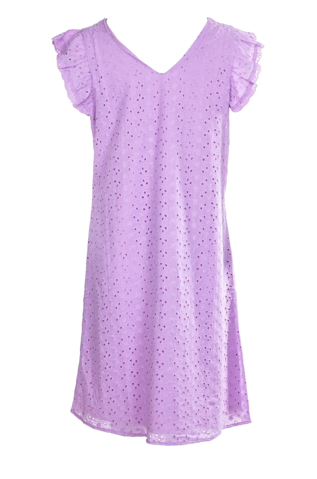 Weatherproof FlatlockSeaming 100% Cotton Broderie Anglaise Dress | LILAC | 8594A1