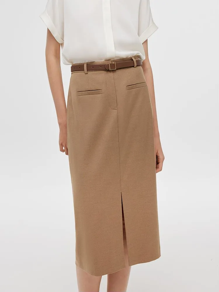 Scalloped Edge Basic Straight Slit Women Skirt With Belt