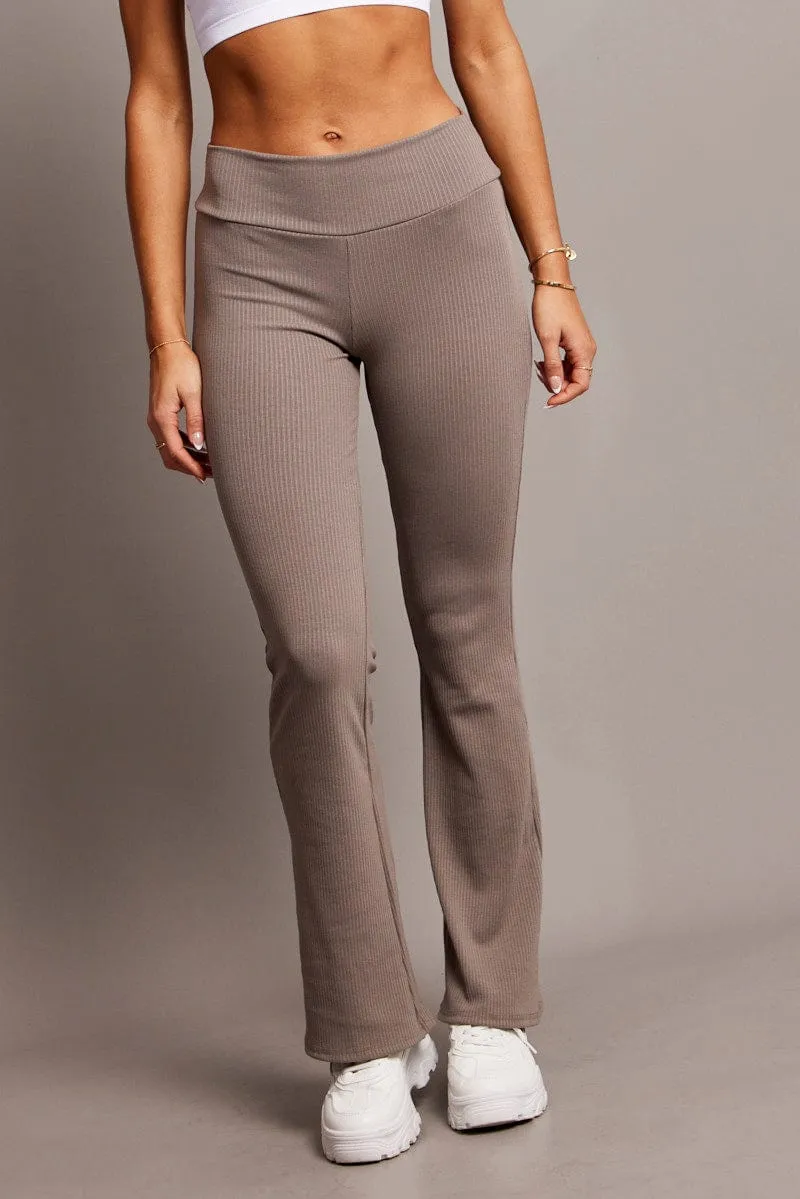 Brown Fold Back Flare Leg Pants Rubberized Hem