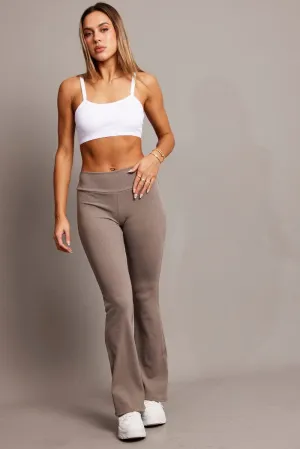 Durable Twill Slim Silhouette Brown Fold Back Flare Leg Pants