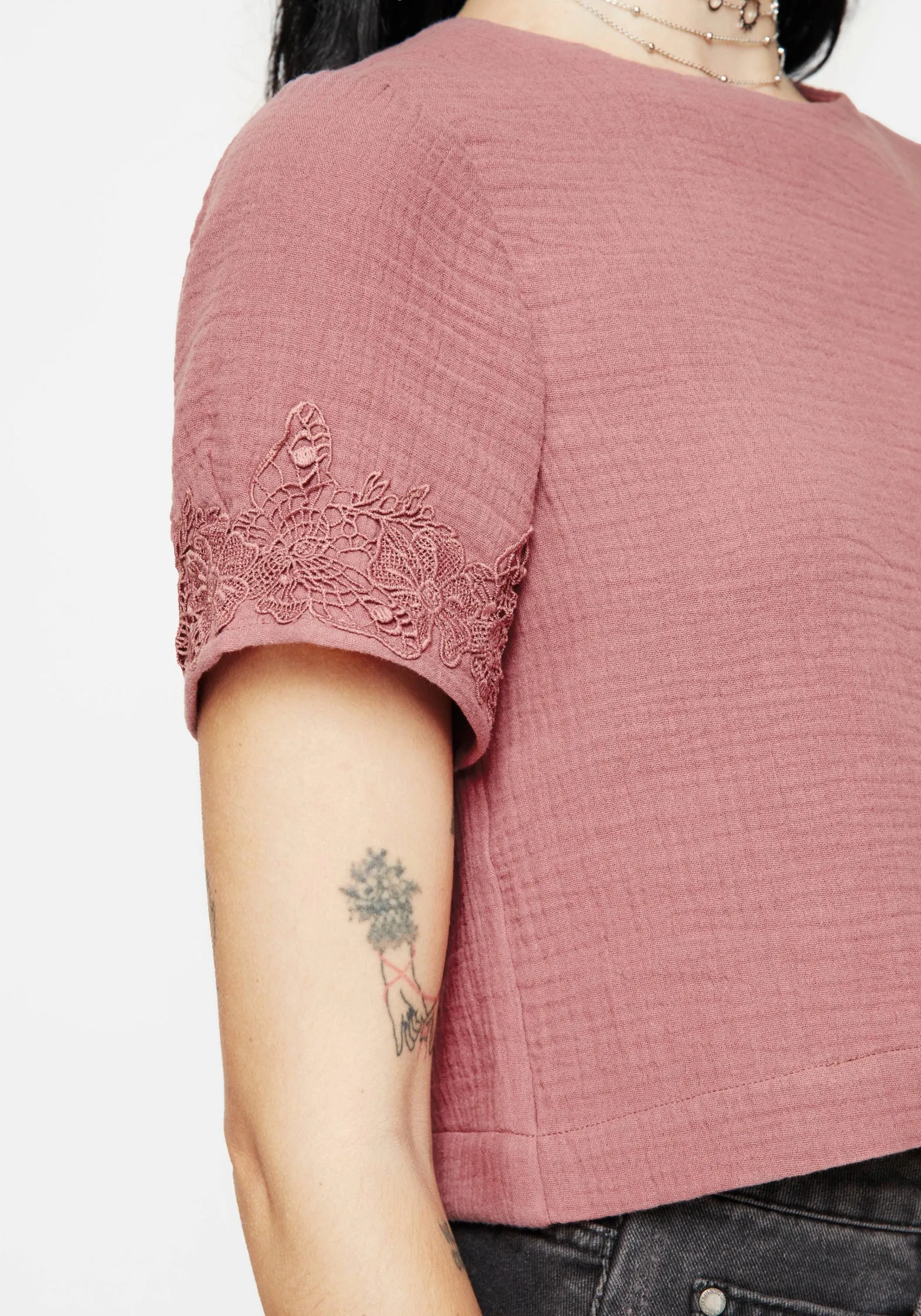 Formal Occasion Rosamoth Applique Trim Cotton Short Sleeve Top