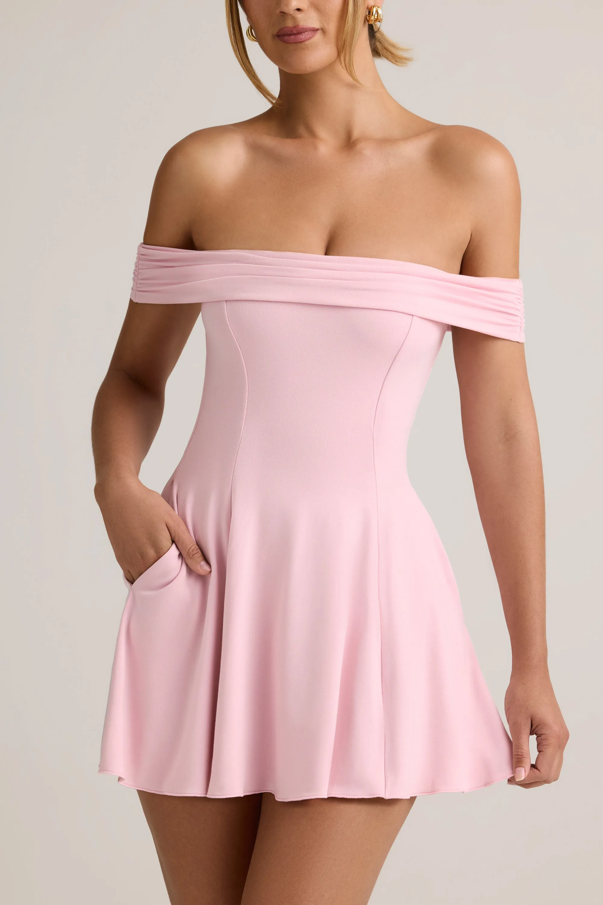 Pop Warm Fun Look Modal Off-Shoulder A-Line Mini Dress in Baby Pink