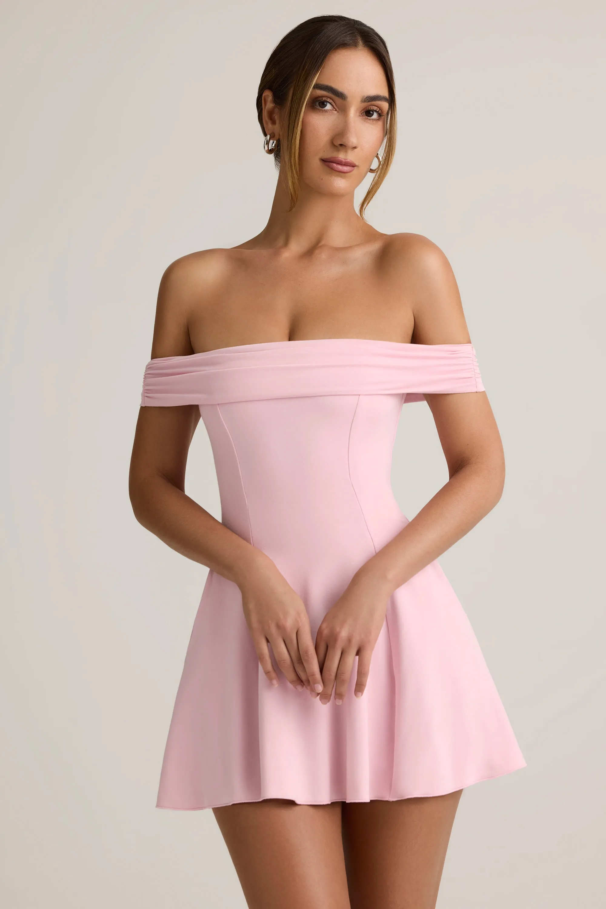 Modal Off-Shoulder A-Line Mini Dress in Baby Pink Light Mode