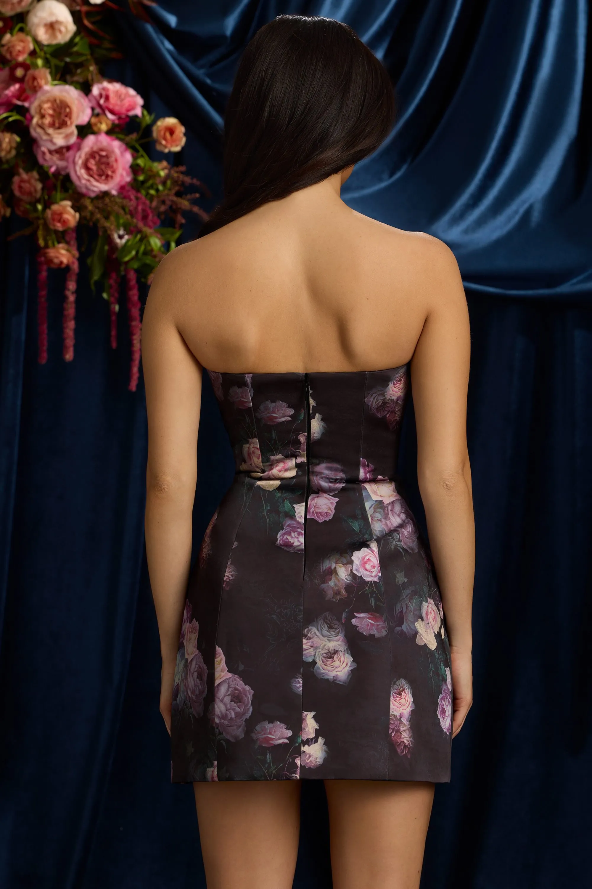 Edge Pop Strapless Structured Tulip Mini Dress in Black Floral Print