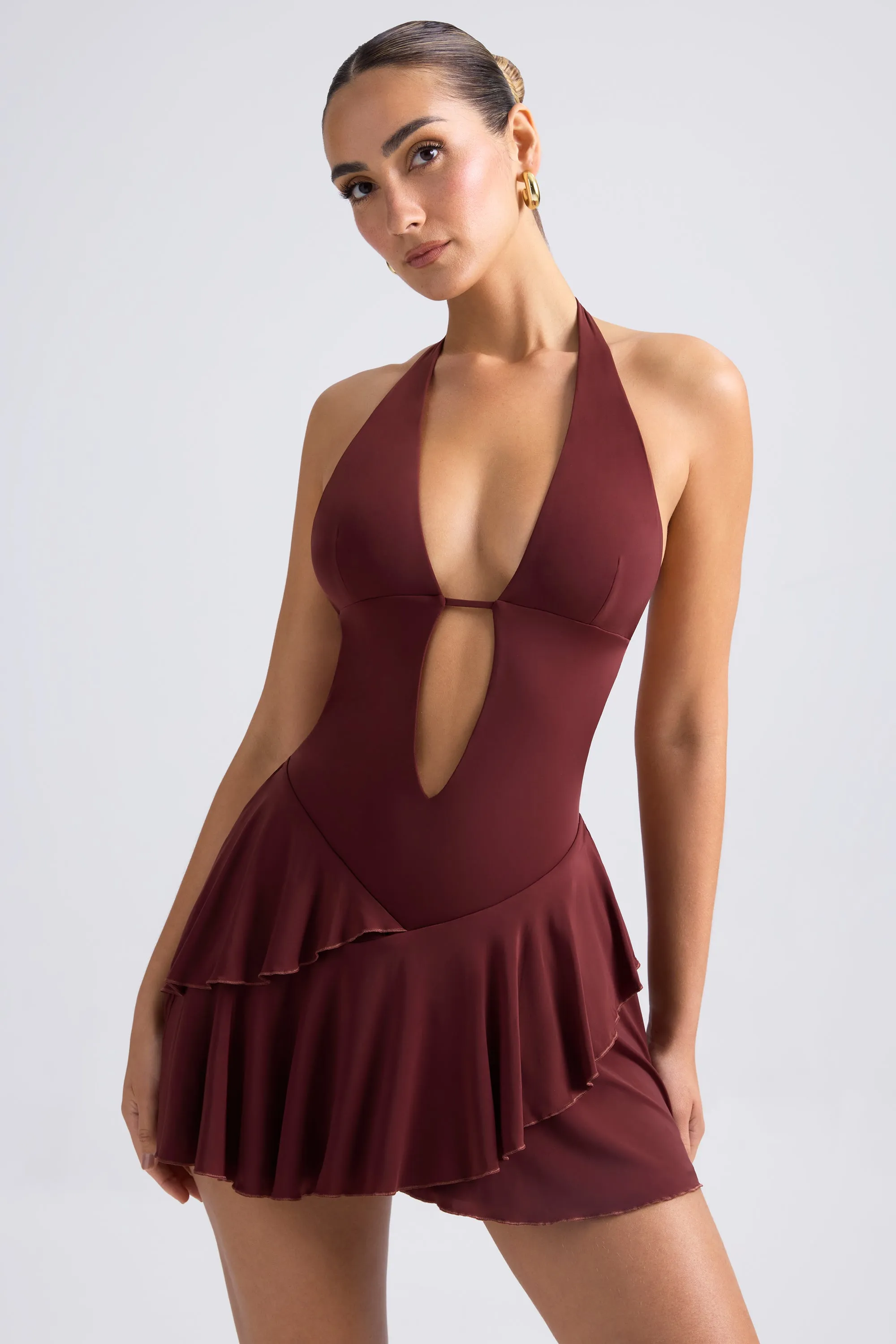 Cozy Fashion Wear Adjustable Waistband Ruffled Cut-Out Halterneck Mini Dress in Chestnut Brown