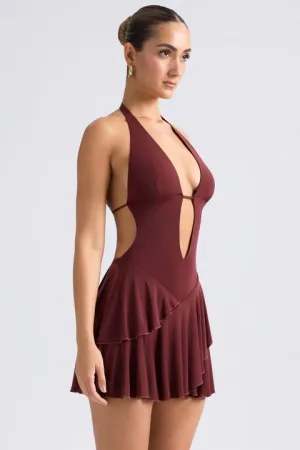 Ruffled Cut-Out Halterneck Mini Dress in Chestnut Brown Scene Hot Simple Style Look