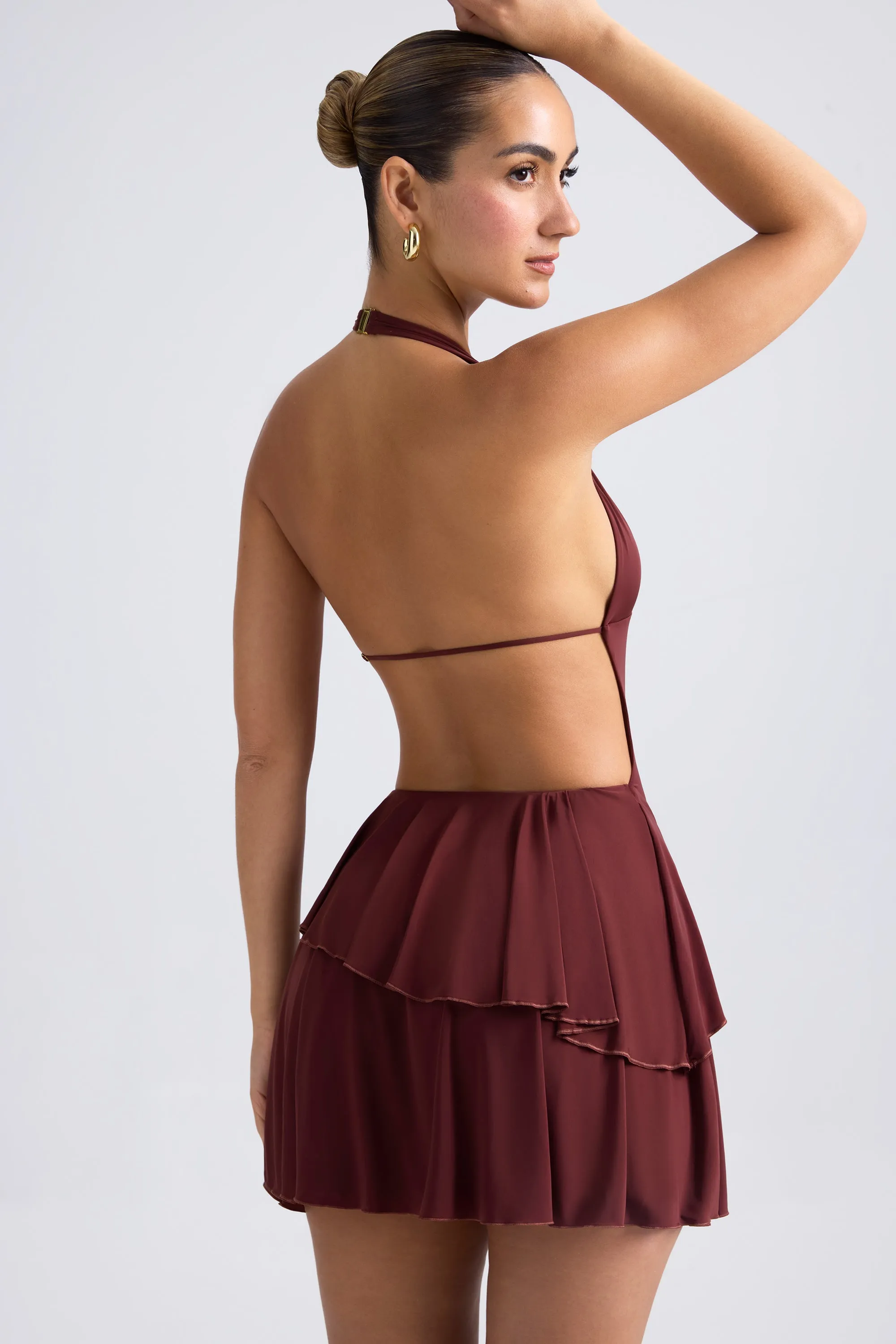 Ruffled Cut-Out Halterneck Mini Dress in Chestnut Brown Comfortable summer night dress Overlapping Panel Design