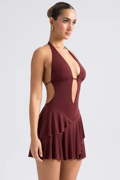Ruffled Cut-Out Halterneck Mini Dress in Chestnut Brown Scene Hot Simple Style Look