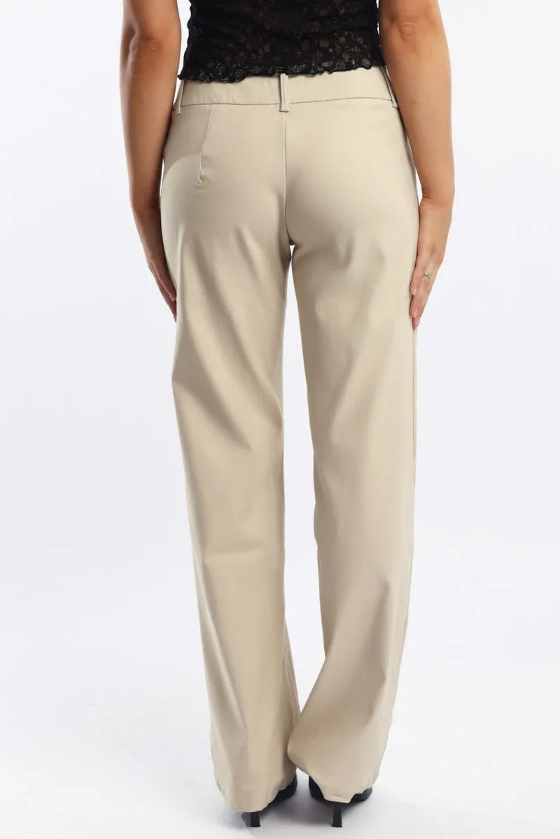 Beige Straight Fit Low Rise Pants Everyday Comfort Fit