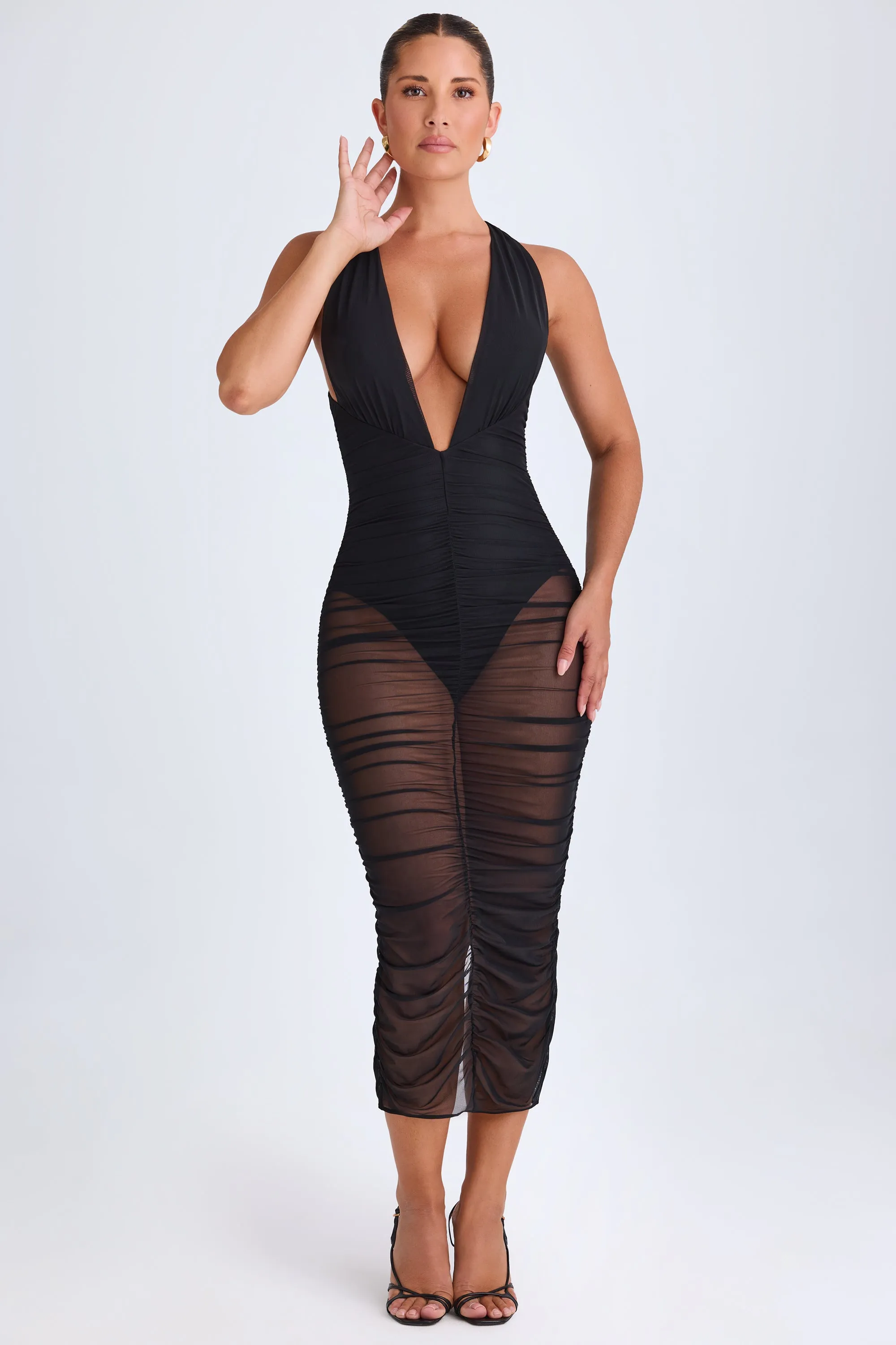 Ruched Plunge Midaxi Dress in Black Urban Wear