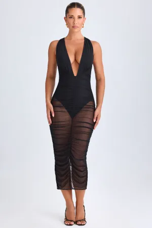 Ruched Plunge Midaxi Dress in Black Joy Mood