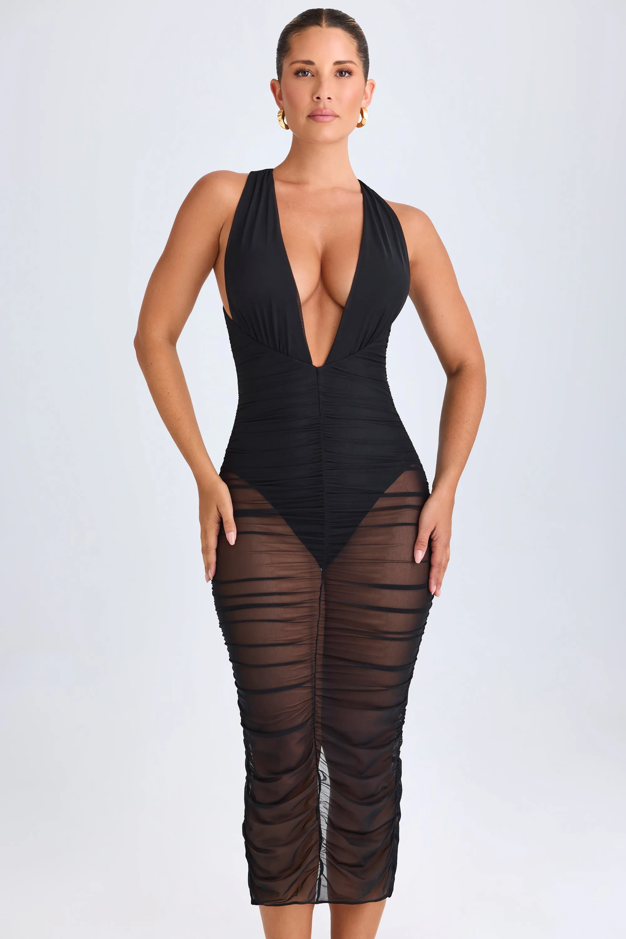 Ruched Plunge Midaxi Dress in Black FlexibleNeckline