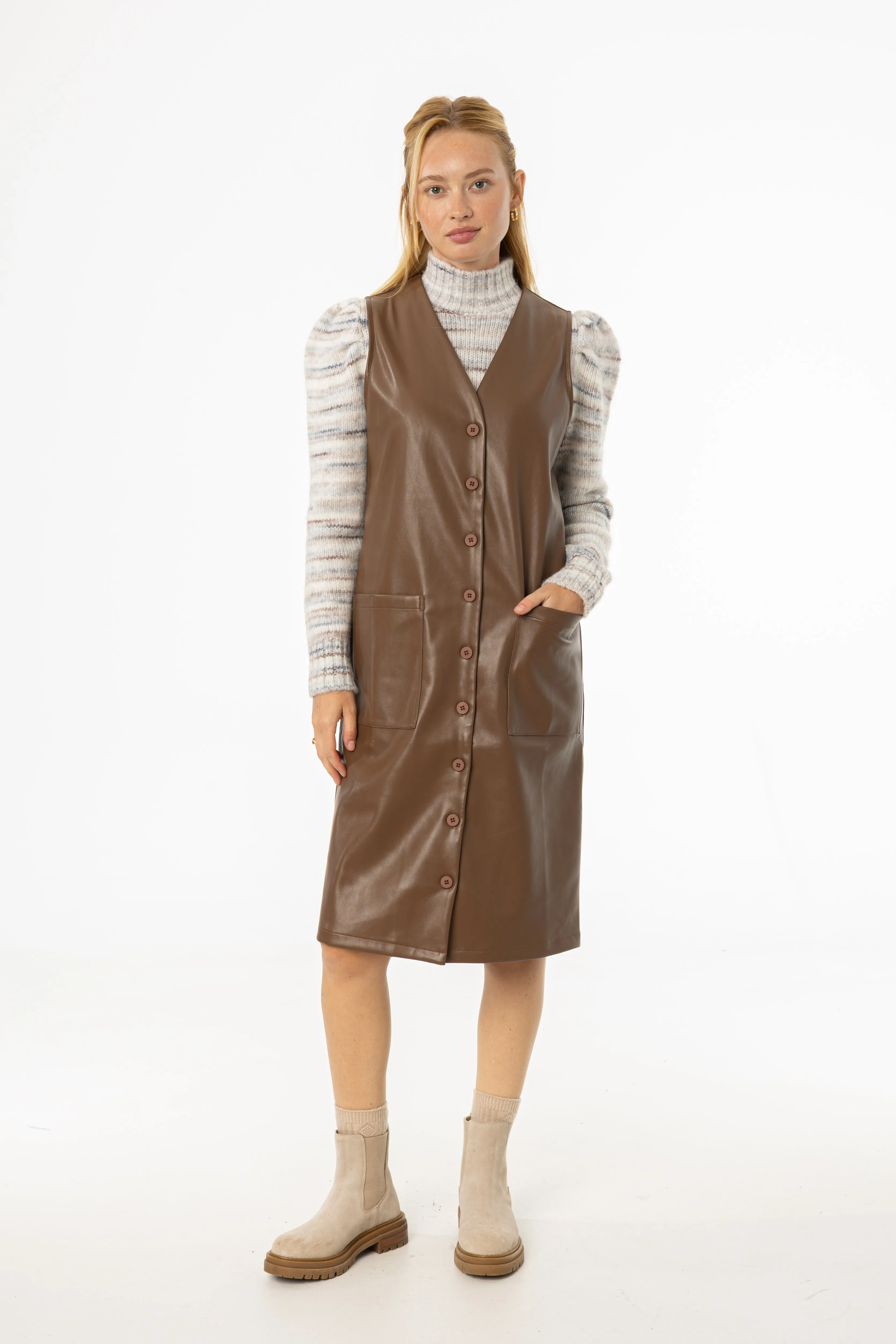Brown Vegan Leather Vest Dress Vacation Mood