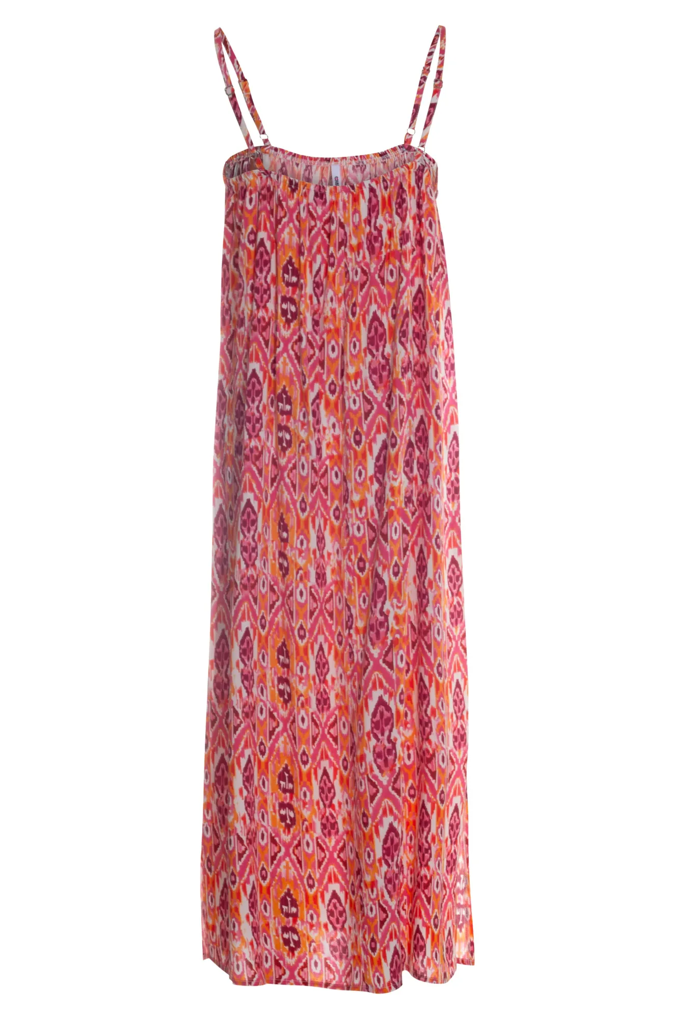 FlatlockSeaming Maxi Dress with spaghetti straps | Pink Orange Aztec | 3357AR