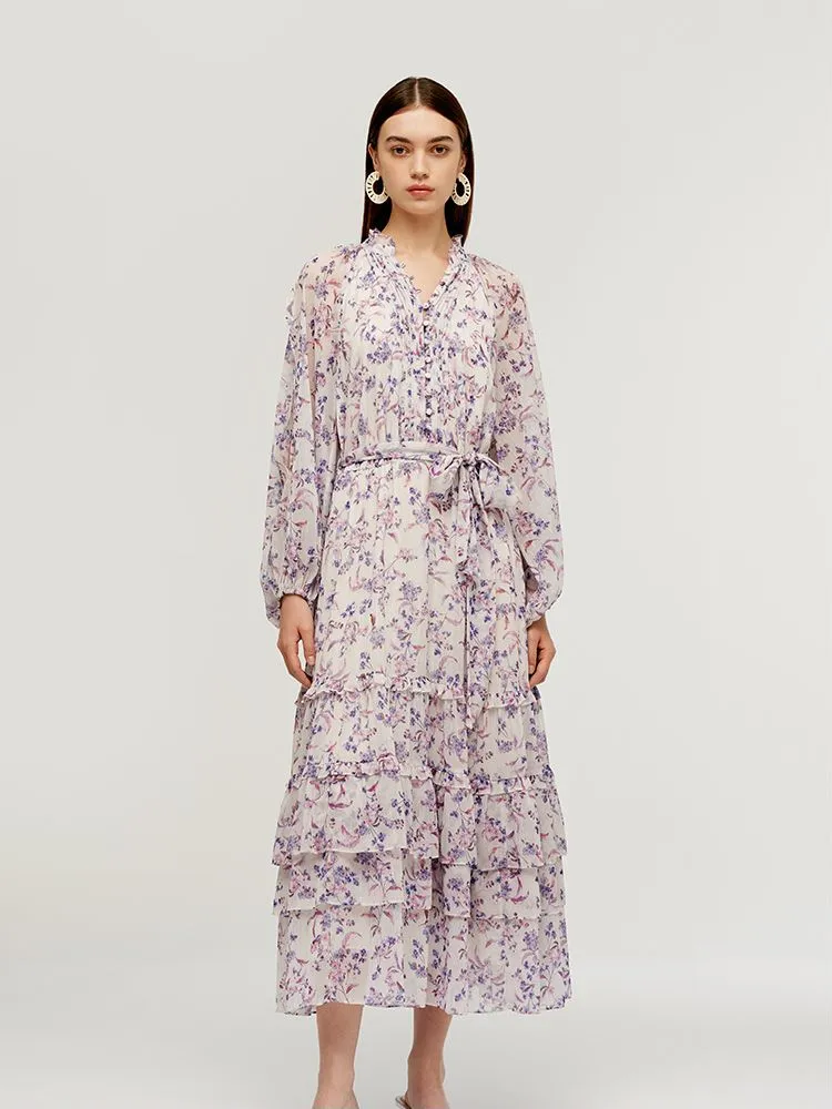 Floral Print Tiered Women Maxi Dress With Belt Daywear Style Fairy Core