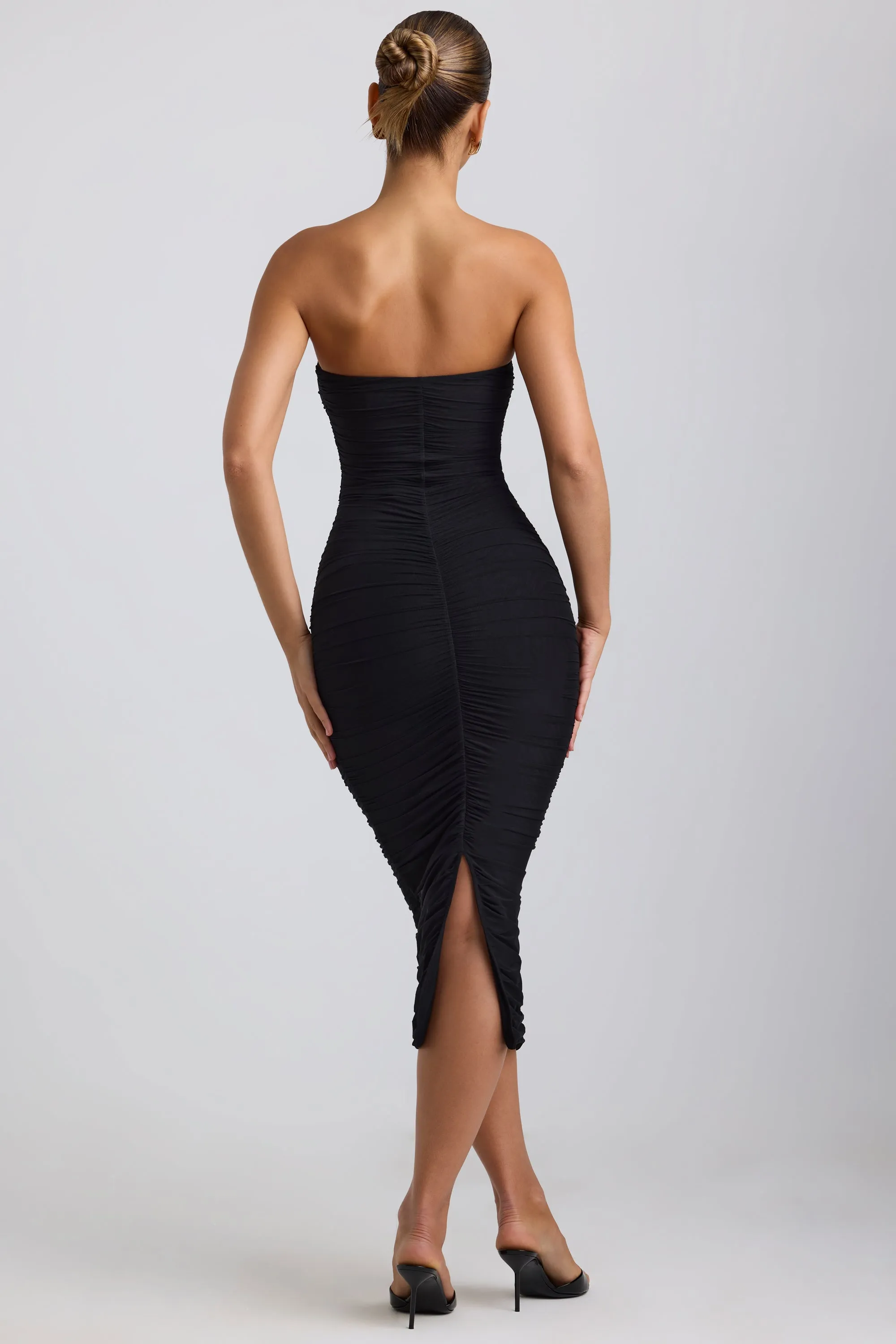 Cozy Sweater Breathable mesh Ruched Hardware Detail Strapless Midaxi Dress in Black