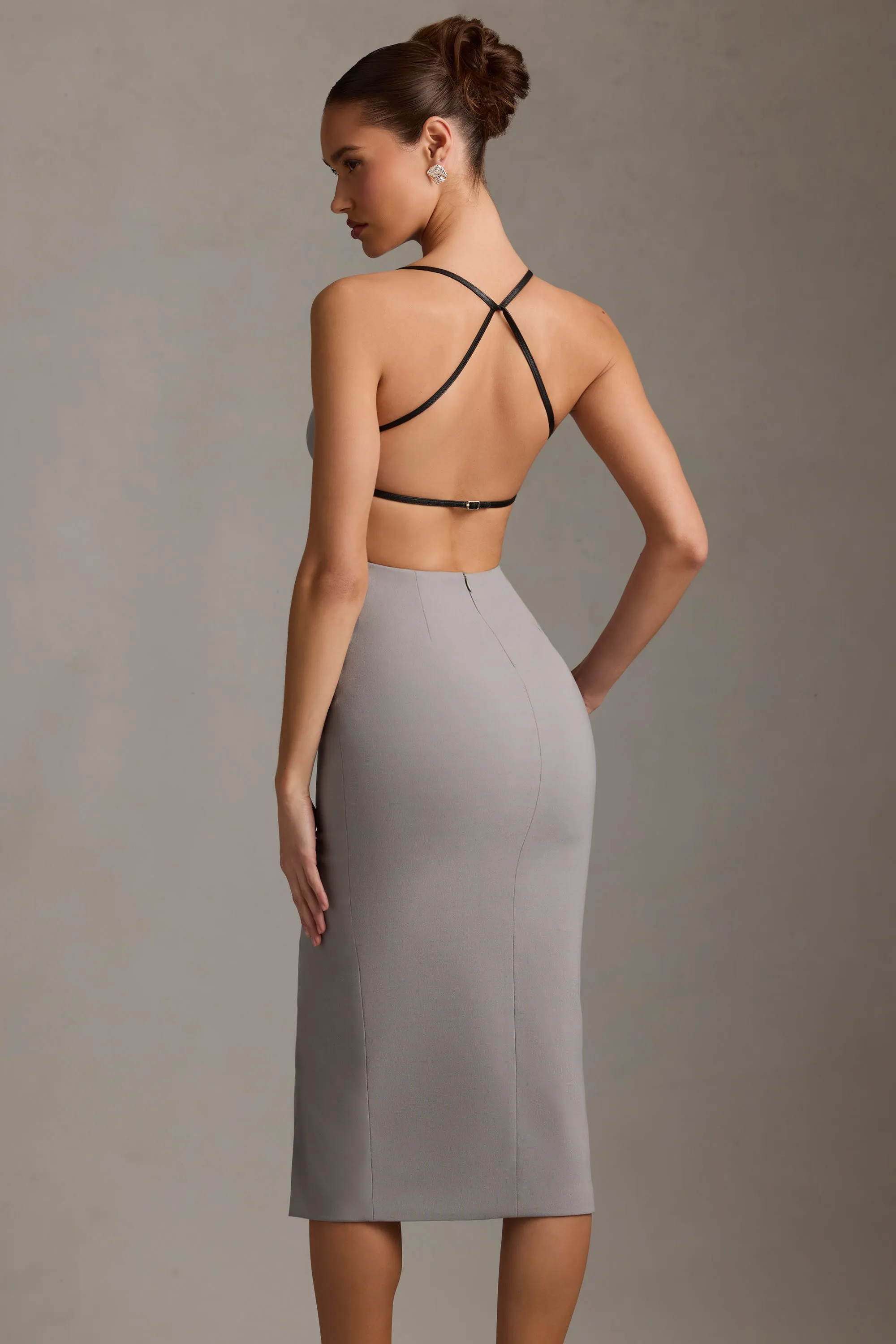AntiPilling Finish Simple Layering Plunge-Neck Backless Midaxi Dress in Grey
