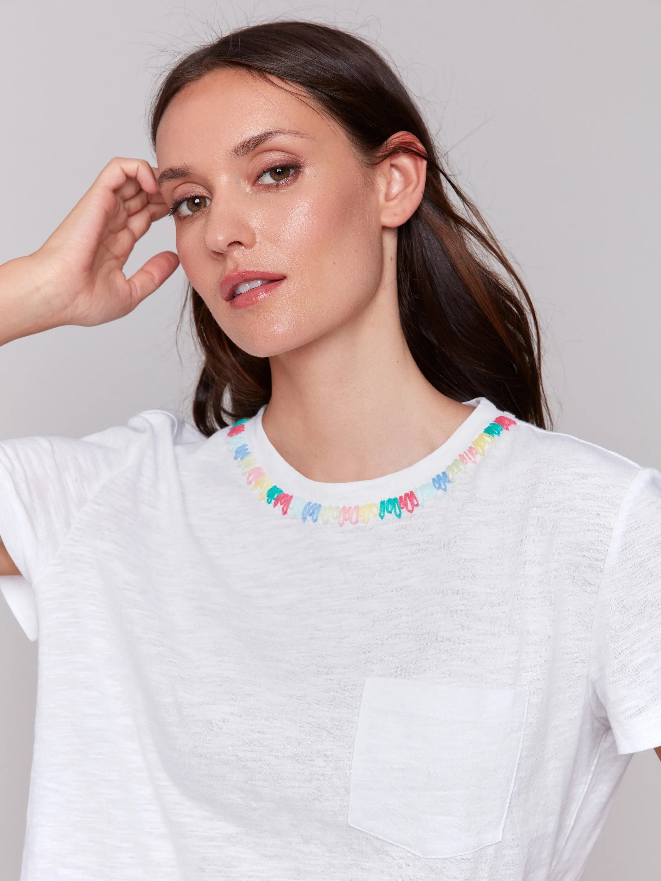 funky Affordable Fashion Embroidered Neckline Cotton T-Shirt - White