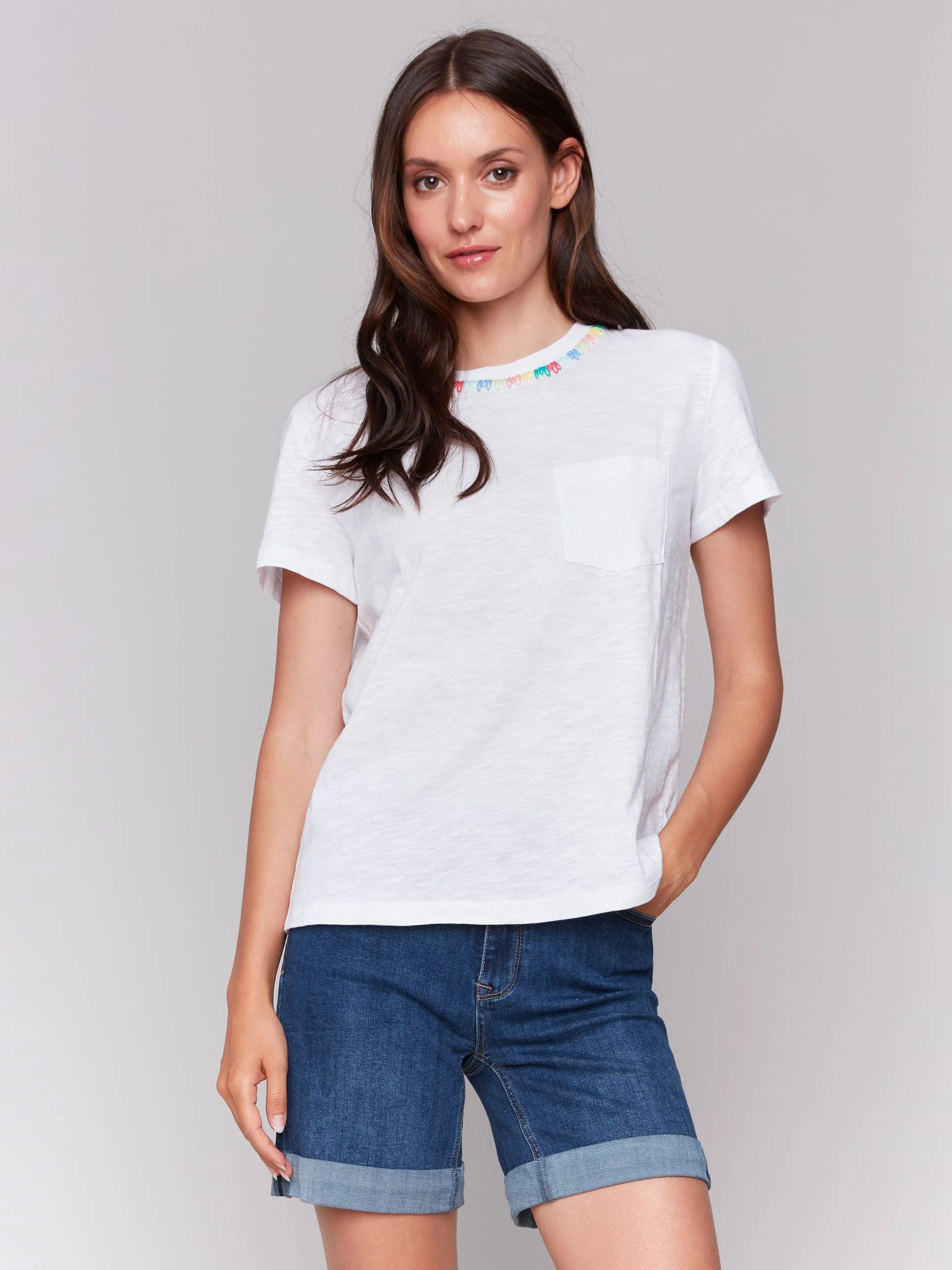 Reinforced Neckline Embroidered Neckline Cotton T-Shirt - White