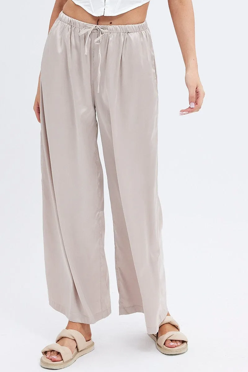 Anti Pilling Surface Beige Wide Leg Pants High Rise