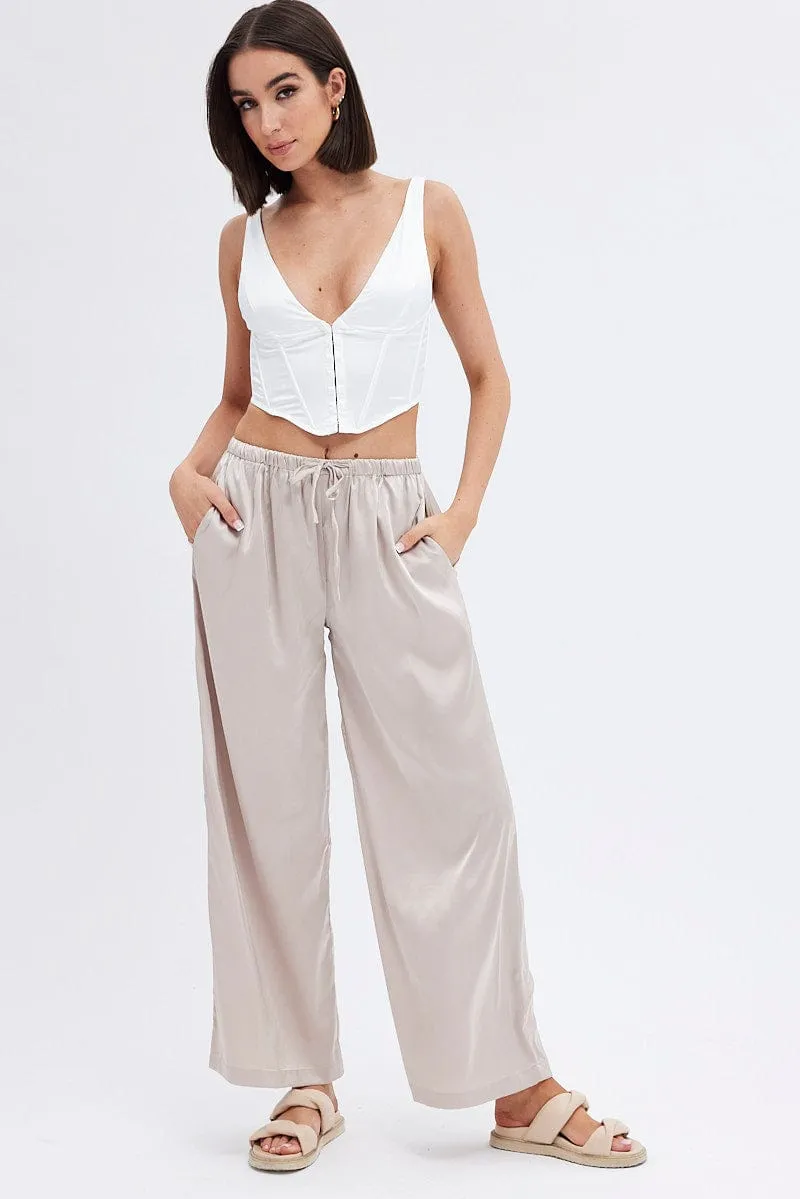 Sleek Look Flattering Waist Beige Wide Leg Pants High Rise