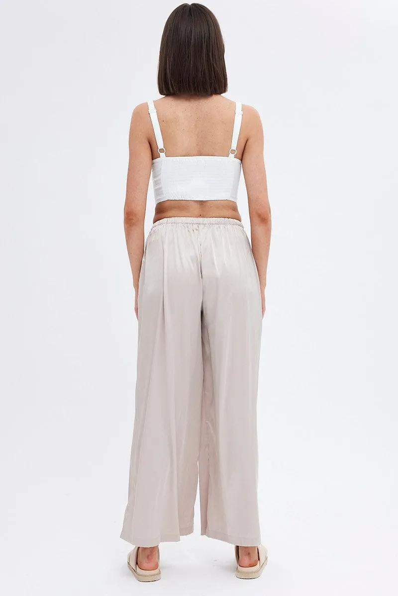 Tapered Look Beige Wide Leg Pants High Rise