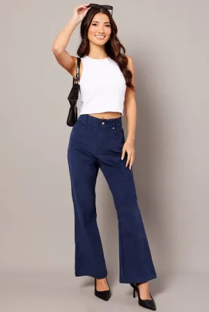 Casual Layering Trendy Look Blue Wide Leg Pants High Rise Corduroy