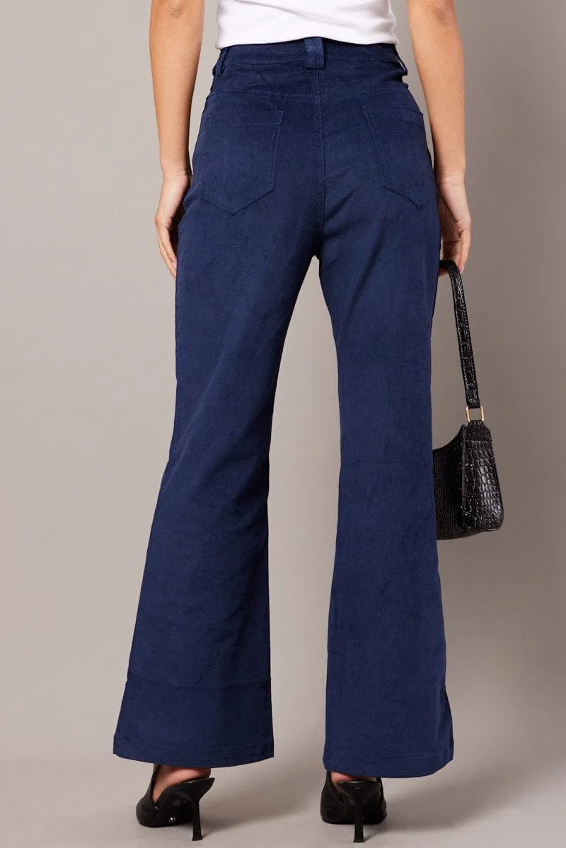 Blue Wide Leg Pants High Rise Corduroy Ultra Soft Texture MultiPocket