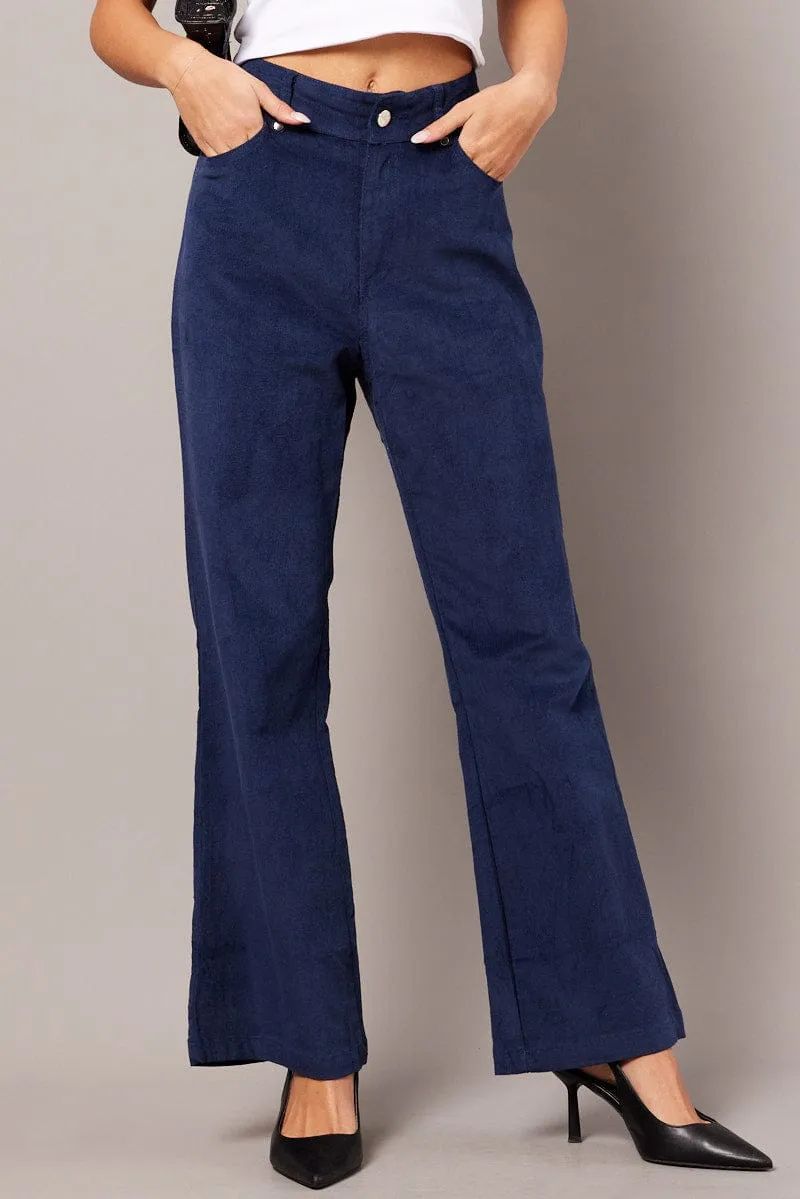 Blue Wide Leg Pants High Rise Corduroy Dynamic Fit StretchMaterial