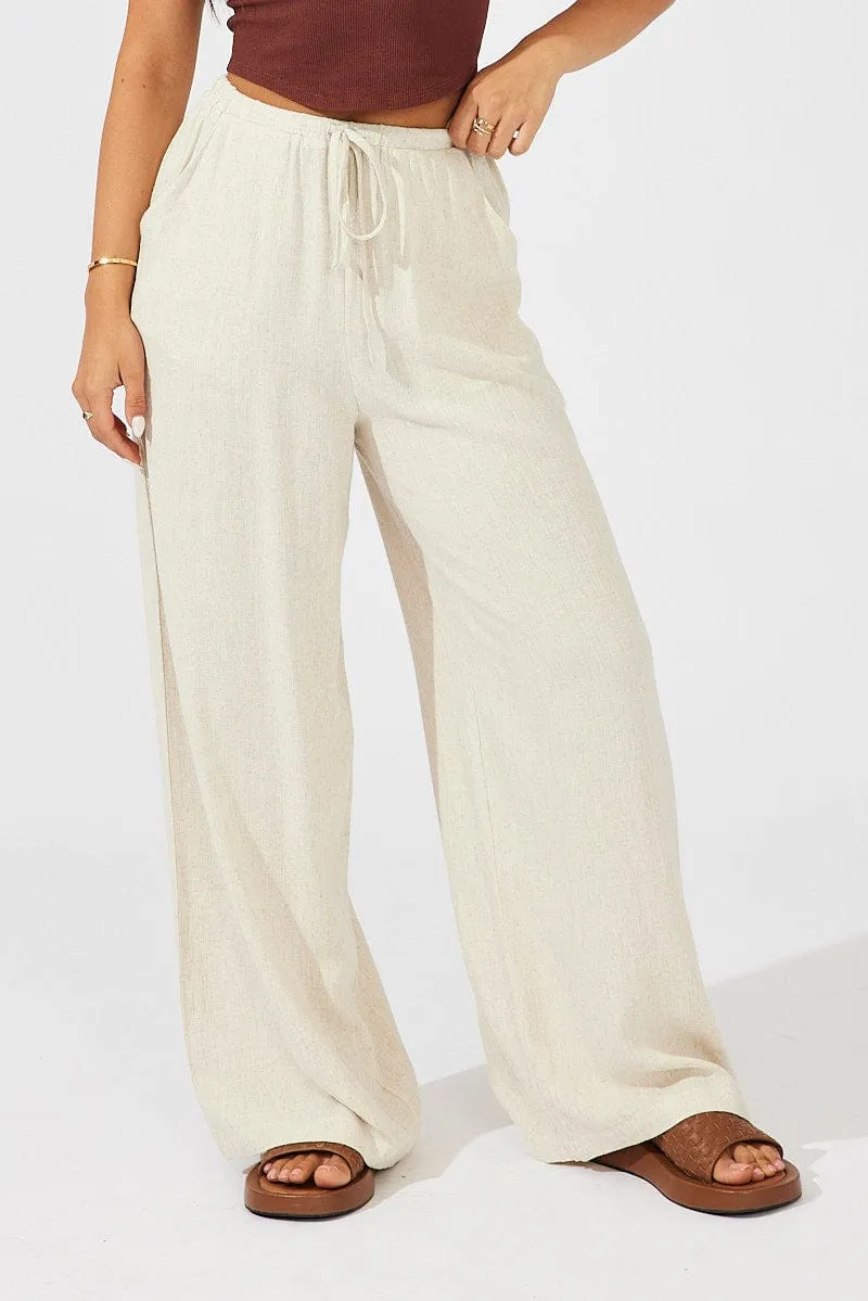 Beige Wide Leg Pants High Rise Flexible Waistband Fashionable Design