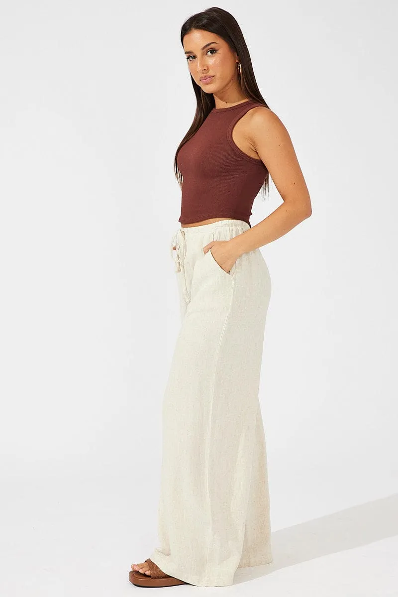 Soft Material Sweat Wicking Lining Beige Wide Leg Pants High Rise