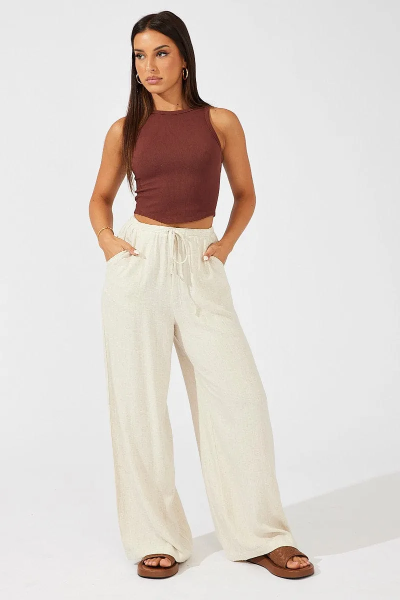 Beige Wide Leg Pants High Rise Cozy Comfort Sweat Resistant