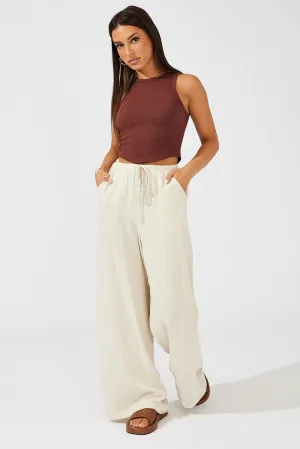 Fashionable Design Beige Wide Leg Pants High Rise