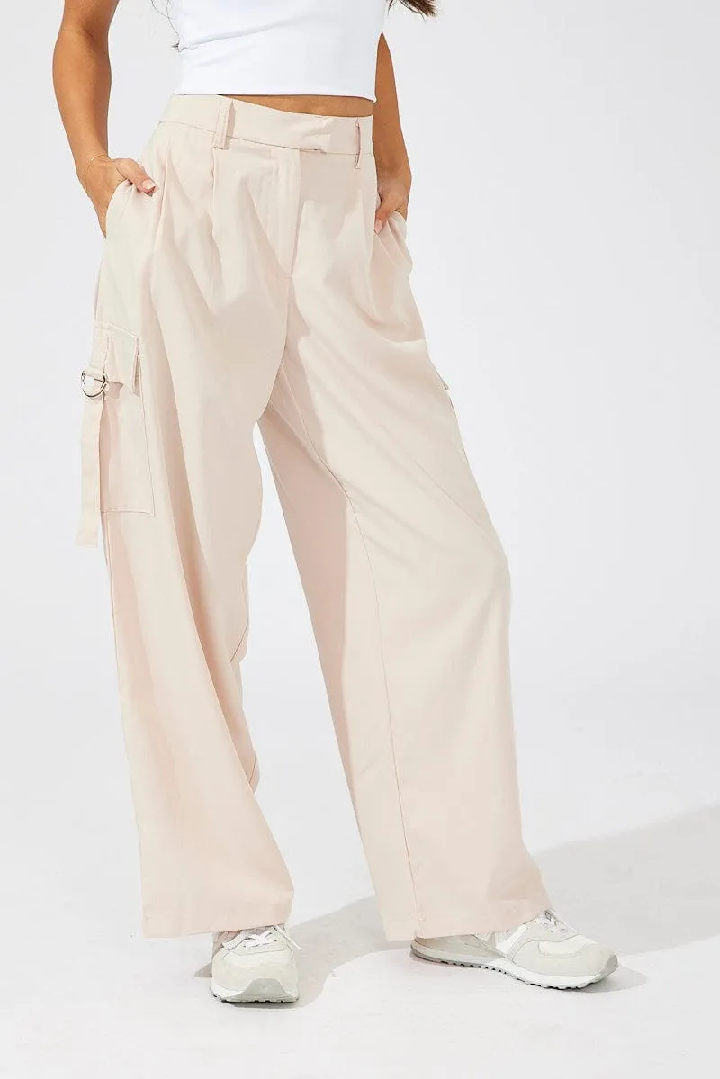 Beige Wide Leg Pants Low Rise Soft Feel Trendy Style